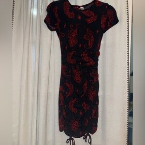 H&M Red and Black Ruched Bodycon Midi Dress
